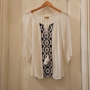Elegant White Blouse with Black Embroidery